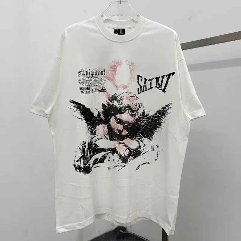 

Модная новейшая Футболка SAINT с коротким рукавом, повседневные свободные уличные мужские и женские хлопковые топы, футболка на осень и зиму 2024