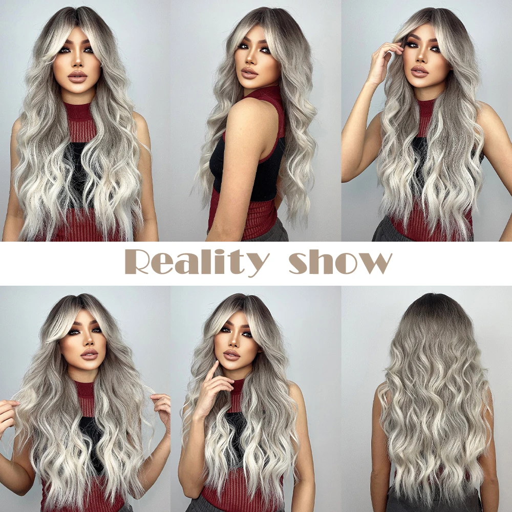 Long Curly Wavy Gray Ash Brown Blonde Ombre Synthetic Wigs with Bangs Cosplay Natural Hair Wig for Women Afro Heat Resistant Use