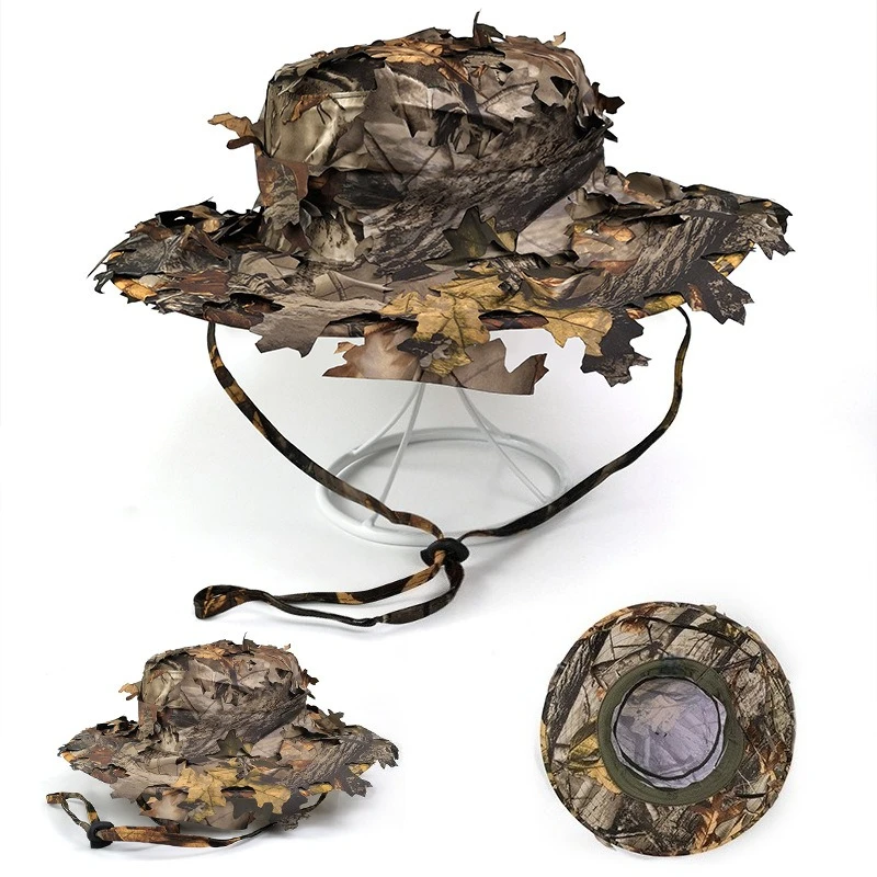 Herren 3D Blatt-Tarnmuster Boonie Hut, Verstellbare Ghillie Sonnenkappe für Jagd, Angeln, Taktik, Outdoor & PUBG Cosplay – Detail 1