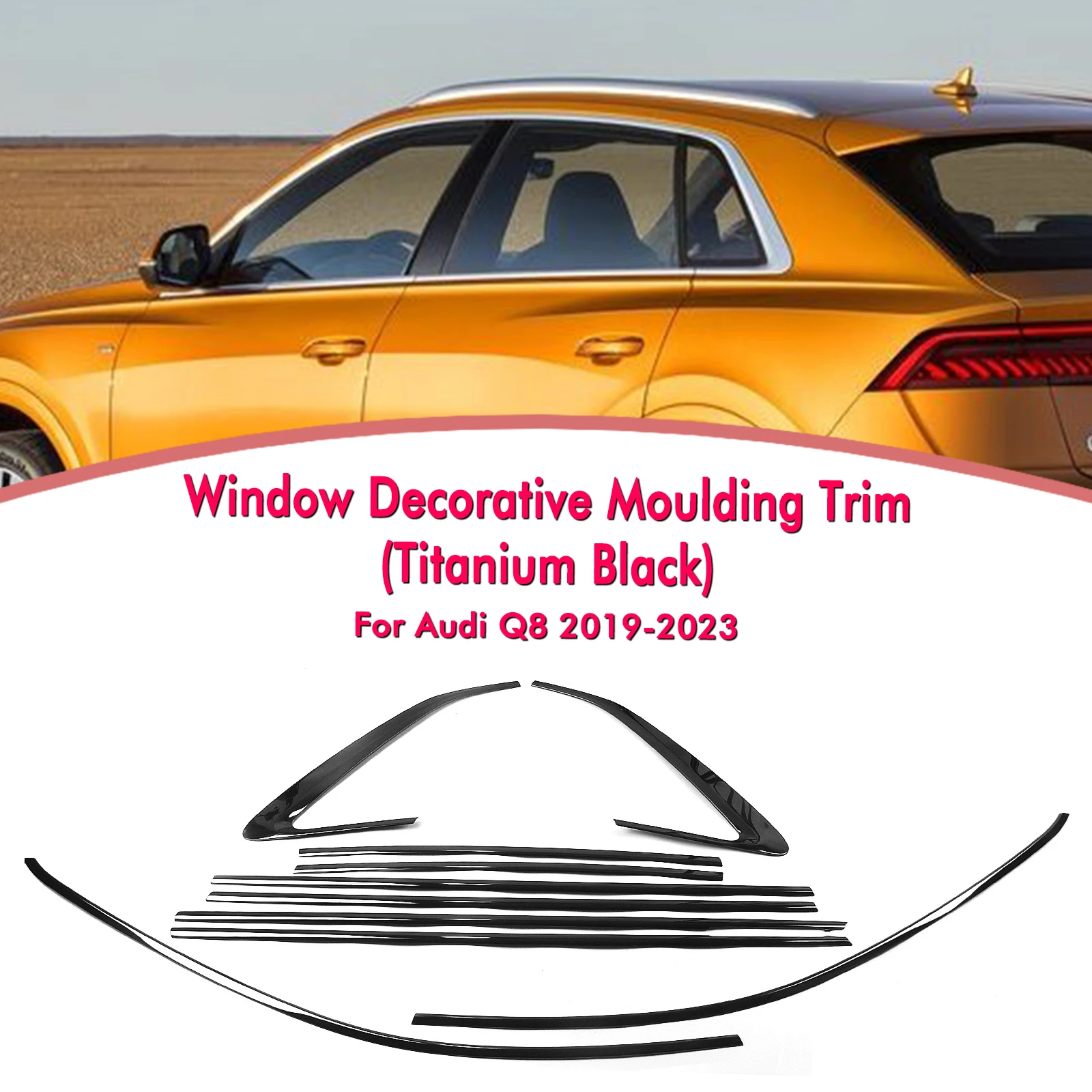 For AUDI Q8 2019-2024 Exterior Window Trim Strip Cover Titanium Black Door Waterproof Seal Shade Moulding Decorative