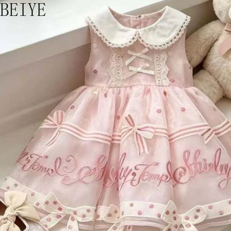 Sweet Girls' Pink Lolita Princess Dress Summer New Doll Collar Daily Tank Dress Cute Children's Embroidered Mesh Puffy Dress