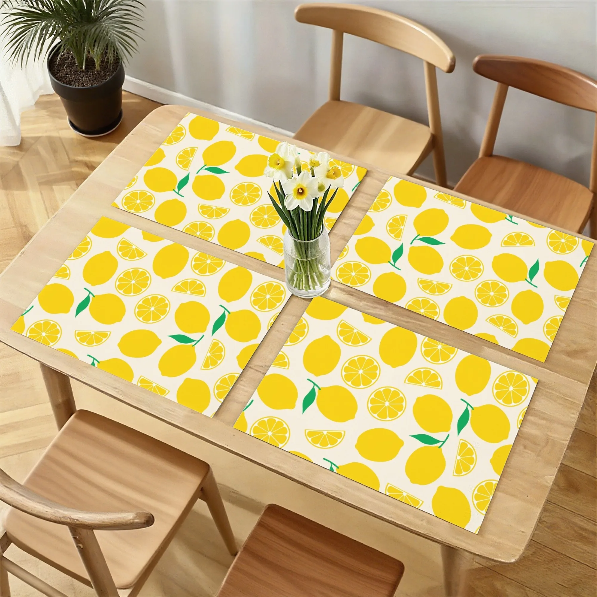 4 Pcs Set Alas Meja Kartun Klasik Motif Lemon Berwarna Beige dengan Elemen Daun Hijau Lemon Utuh & Irisan Dekorasi Meja Segar Musim Panas