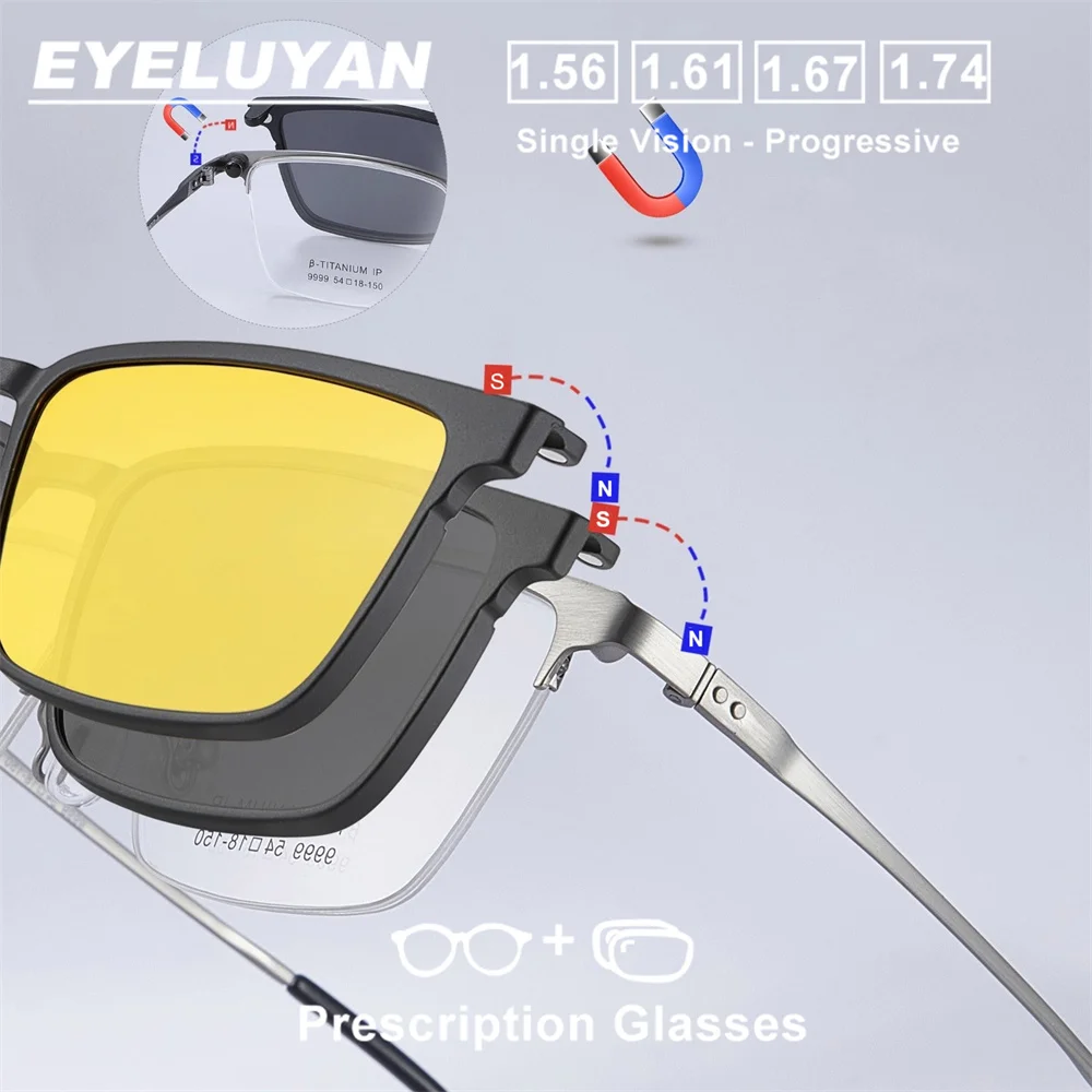 

B-Titanium Polarized Drive Magnetic Clip on Sunglasses Optical Prescription Glasses Men Multifocal Progressive Myopia Eyeglasses