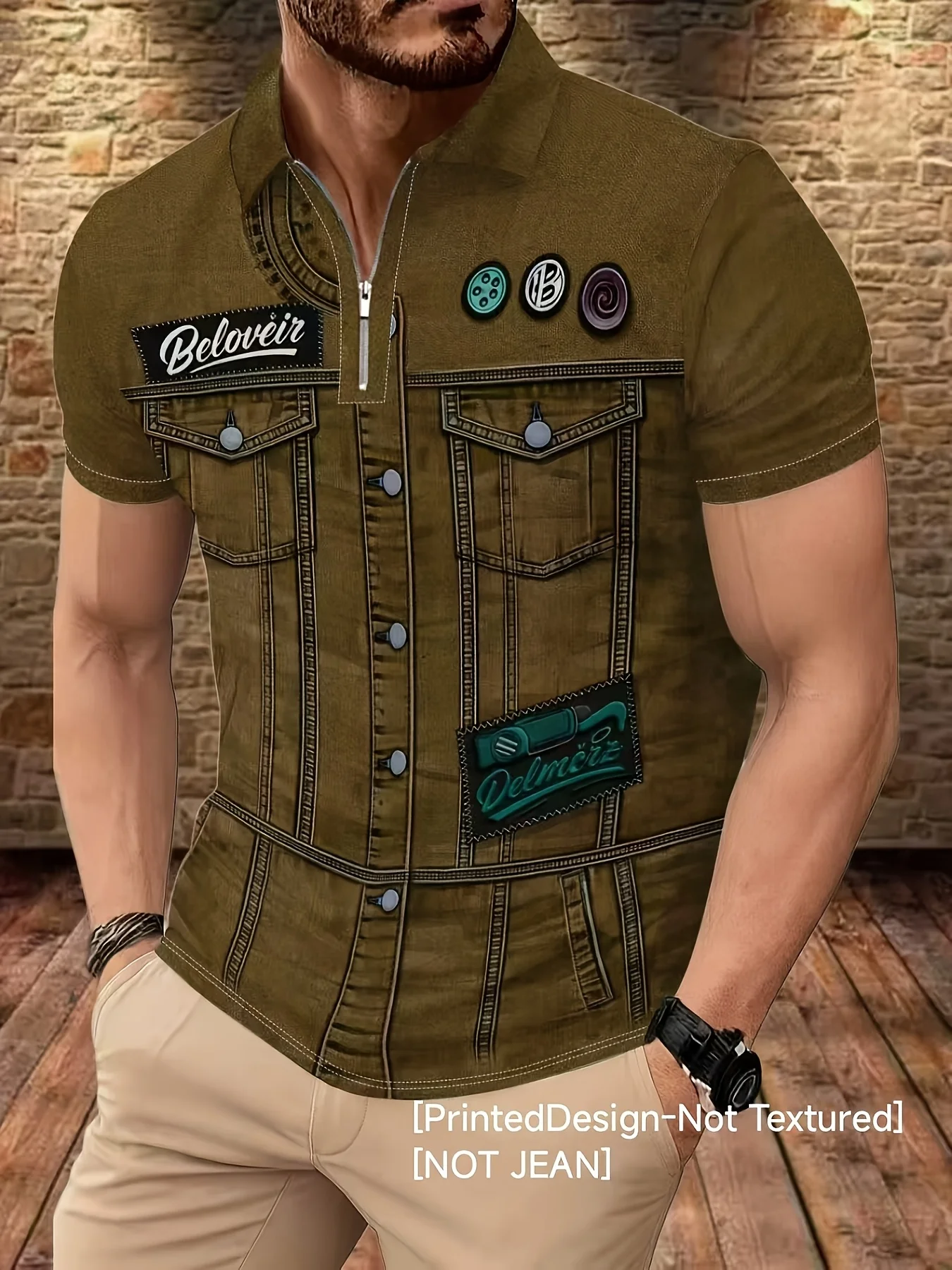 Tee Men Fake Denim Zip Collar Short Sleeve Polo Breathable Sport Daily Outdoor Versatile Soft Light Premium Slim Summer Top