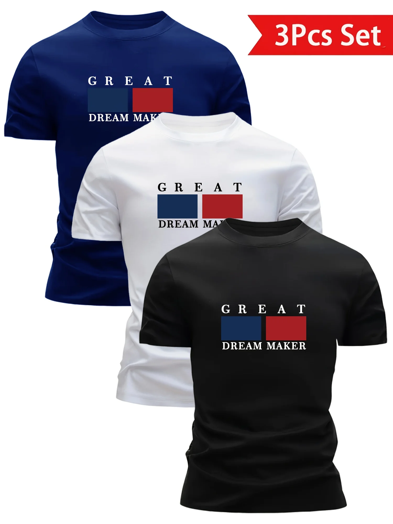 

3Pcs Mixed Print "Great" Pattern Men's Crew Neck T-Shirt, Cotton Sweat-Absorbent Tee, Summer Casual Breathable Crew Neck Top