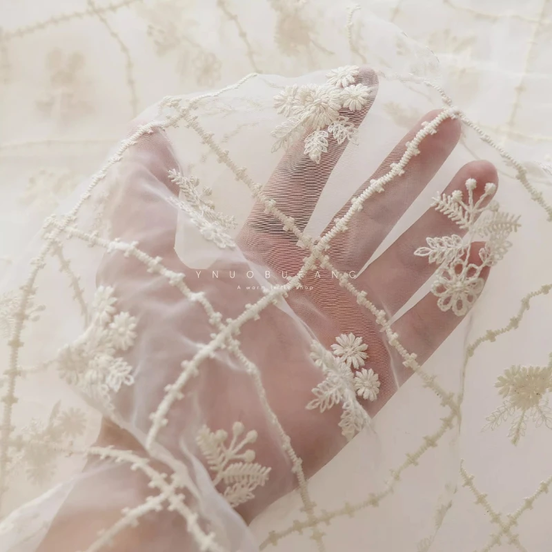 

High Quality Beige Beautiful Organza Full Embroidered Lace Fabric DIY Wedding Dress Accessories Fabric By The Yard