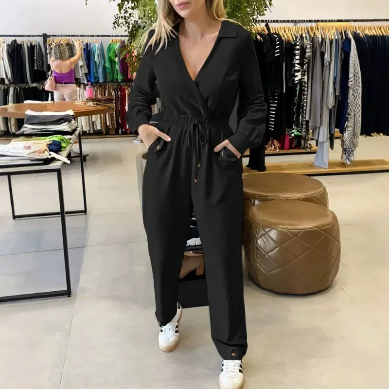 Women High Waist Solid Color V Neck Drawstring Strap Slim-fit Jumpsuits Pants Overall Ankle Length Jumpsuit