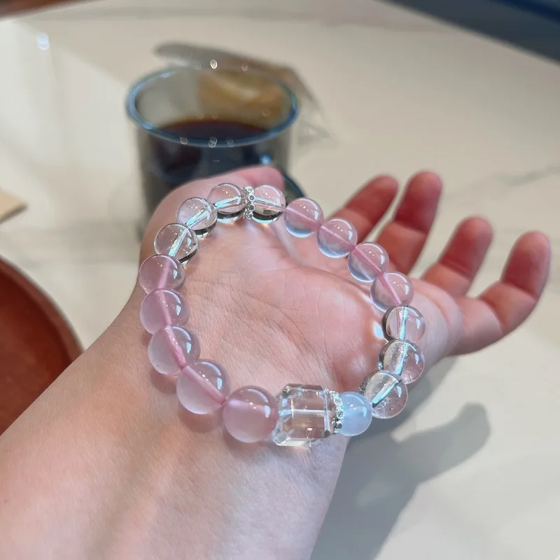 Pink Bracelet, Women'S Style, Featuring Sugar Cube-Shaped Aquamarine And White