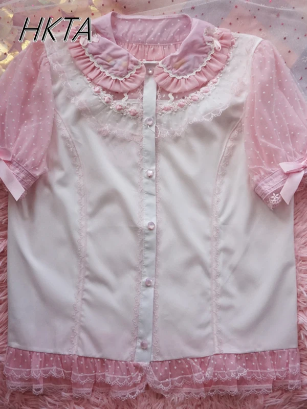 

Japanese Style Soft Girl Lolita Bow Doll Collar Short Sleeved Shirts Women Students Loose and Thin Lace Shirt with Tops Summer