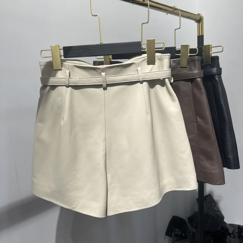 Lambskin Shorts Women 2023 Harajuku Female White Casual Pants With Belt Mujer Side Pockets Sexy Mini Glossy Short Streetwear