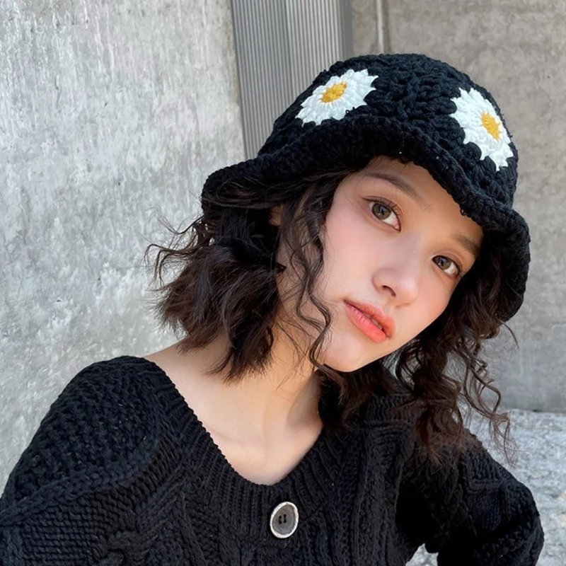 

Summer Sunproof Crochet Bucket Hat Ladies Spring Commute Camping Fisherman Cap with Flower Pattern Outdoor Foldable Anti-Uv Hat