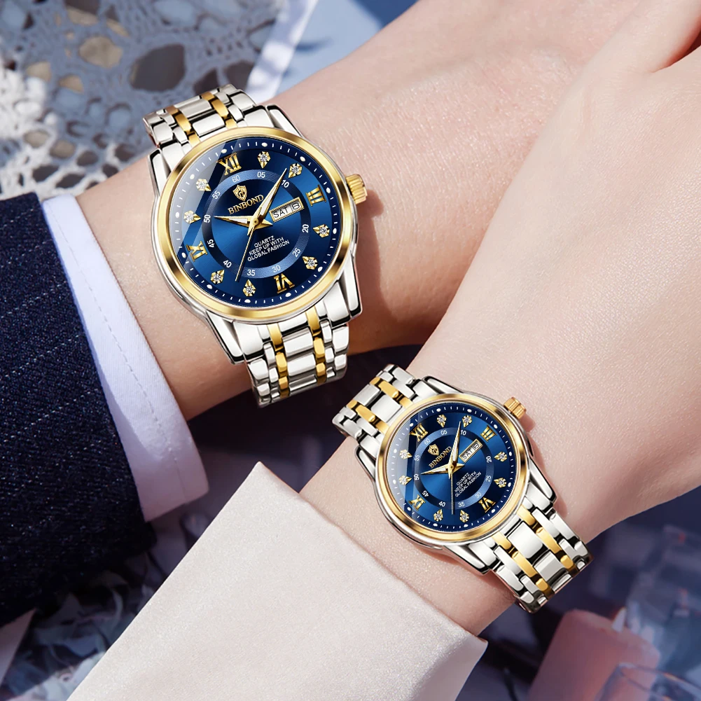 BINBOND Couple Watches 7169 2pcs Luxury Fashion Original Quartz Watch for Lover Dual Calendar Double Scale Waterproof Luminous