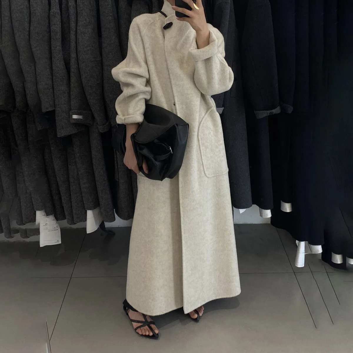 

KWTX 2025 осень-зима женское полушерстяное длинное пальто с воротником-стойкой асимметричные пуговицы с поясом и карманами на талии винтажное элегантное роскошное пальто