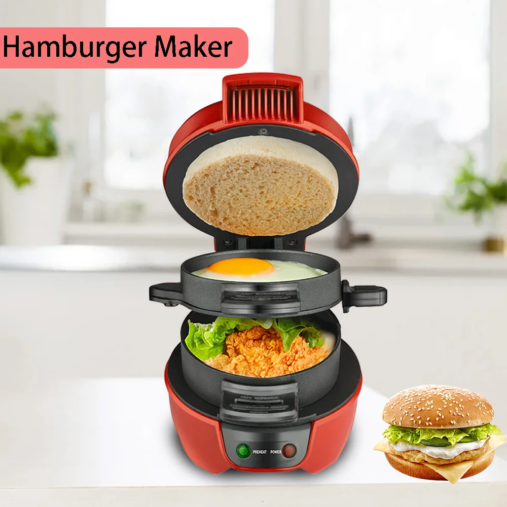 Electric DIY mini Hamburger Maker Breakfast Sandwich Maker with Egg Cooker Ring, Customize Ingredients, Mini Waffles