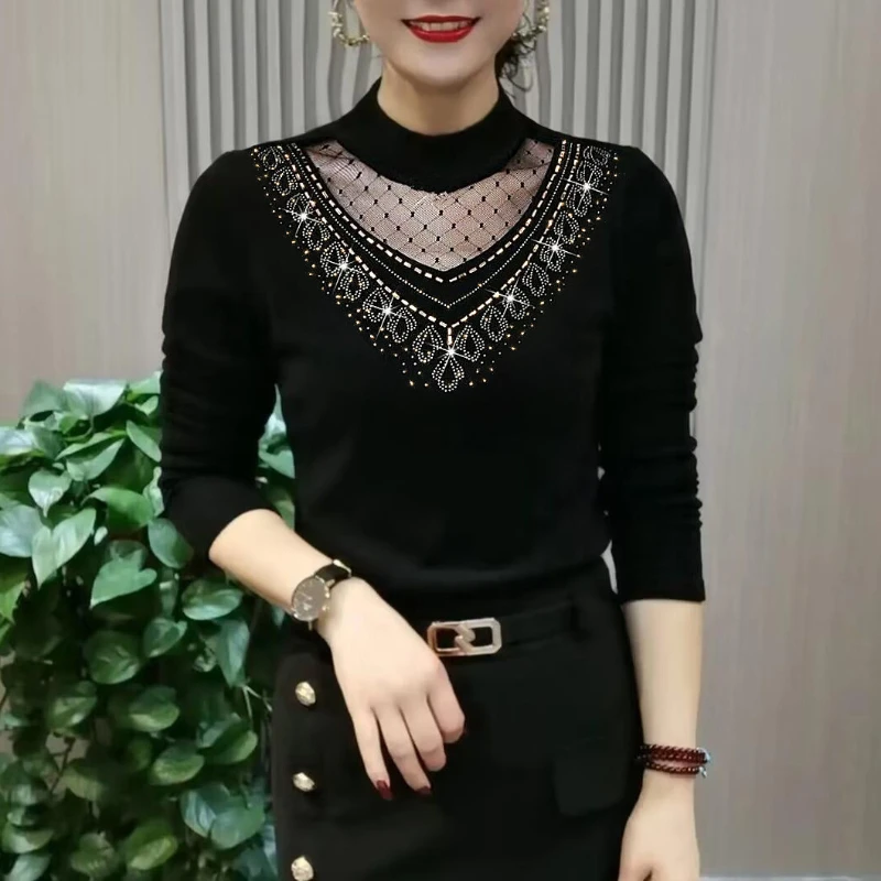 Ladies Print Half Turtleneck Sweater Bottoming Shirt Female Fall Inner Long-sleeved All-match Slim Knit Top Shirts G602