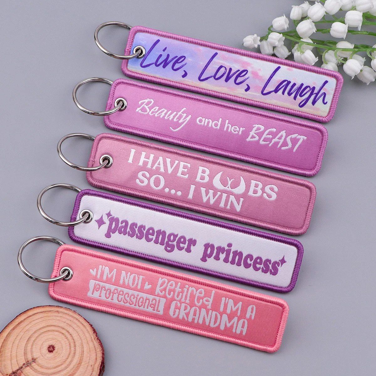 Embroidery Quote - „live, love, laugh“-Zitat, bestickter Schlüsselanhänger, Schlüsselanhänger