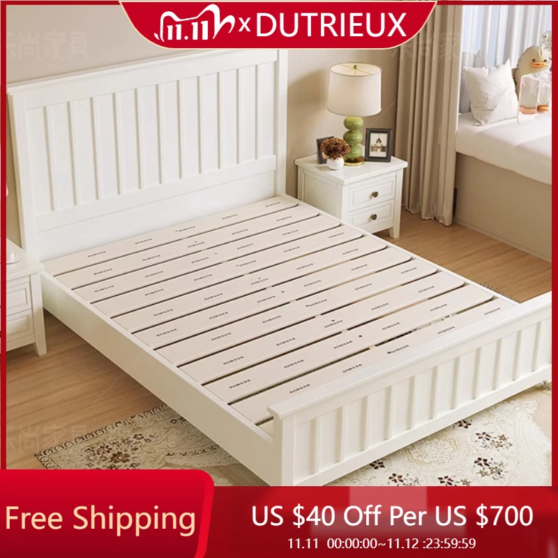 

White Minimalist Bed Solid Wood American Style Twin Bedroom Frame Bed Light Luxury Confortable Wedding Muebles Bedroom Furniture