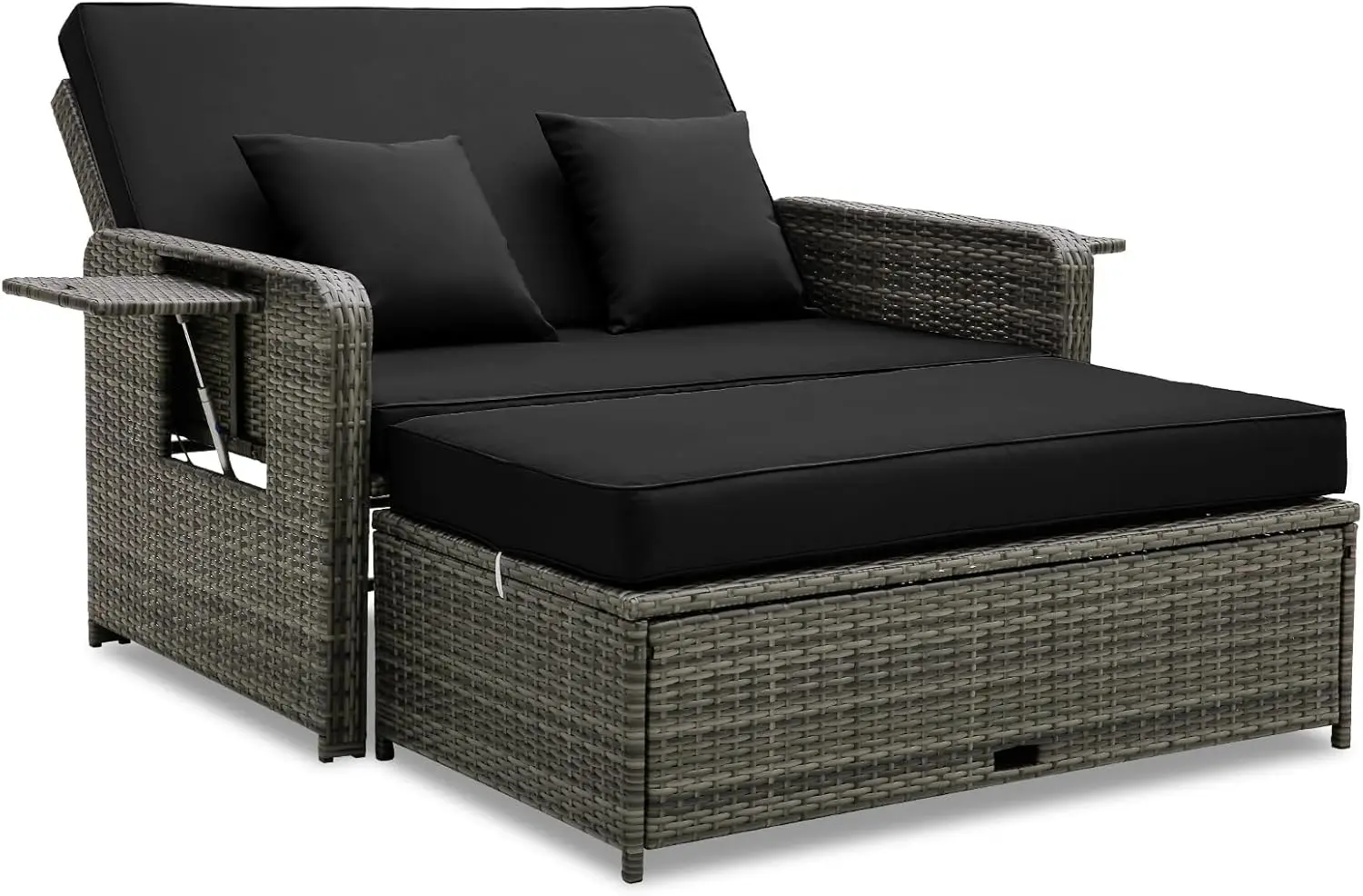 

Wicker Patio Outdoor Daybed - Rattan Day Bed Lounger w/Loveseat & Storage Ottoman, Sunbed Sofa Set w/Cushions