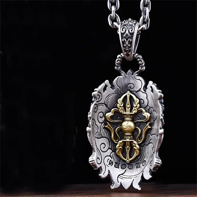 Blessing Wealth Buddha Pendant For Men Jewelry Retro Relief Vajra Pestle Necklace Male Sweater Chain Choker Accessories