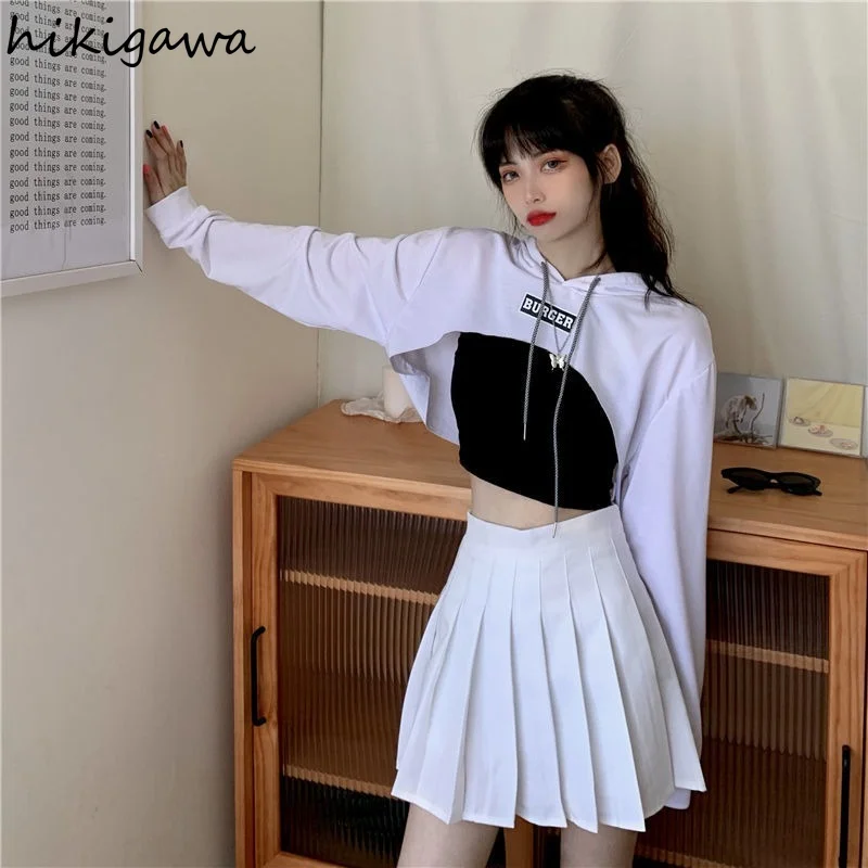 Hikigawa Autumn Women Short Sweatshirts Sexy Female Hoodies Solid Color Fashion Crop Top Pullover Casual Streetwear Clothes