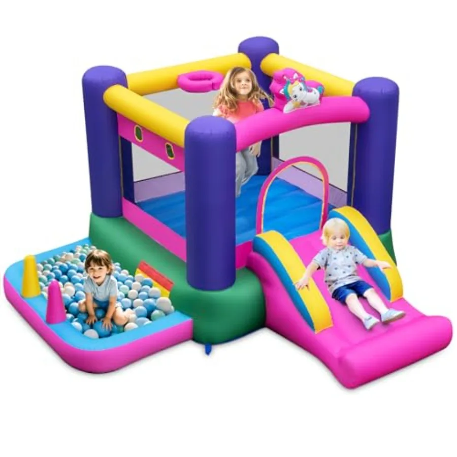 

Inflatable Bounce House 6 in 1 Jumping Castle w/Slide Basketball Hoop Ball Pit Ring Toss Pitching Game Indoor Outdoor Bouncy Ho