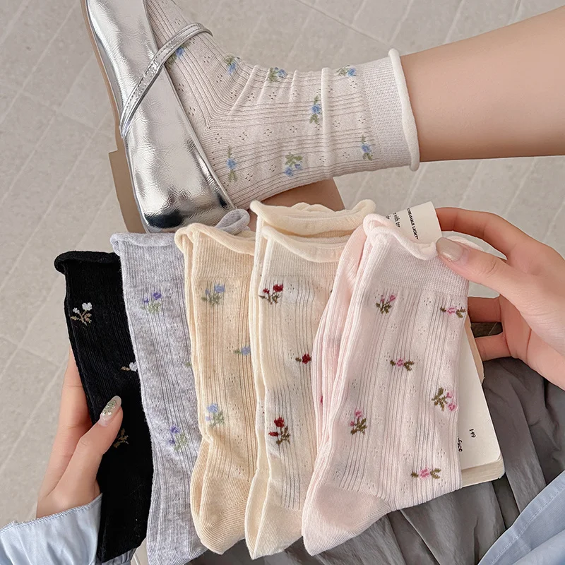 3 Paar koreanische Netz-Crew-Socken, dünne, atmungsaktive, niedliche, florale lange Socken für Frühling und Sommer