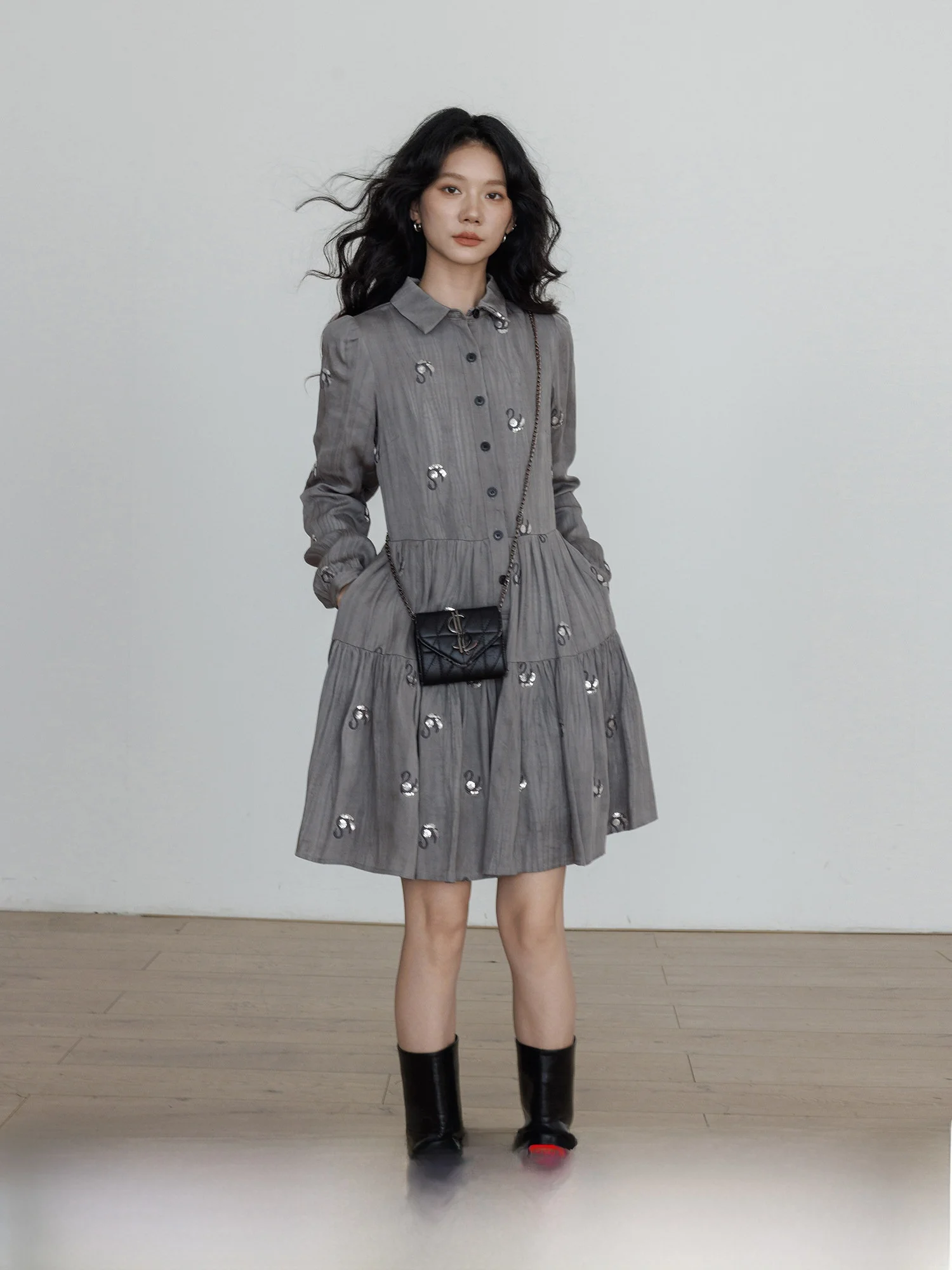 

Vastand Women's Embroidered irt Collar Dr Casual Sle Long Sve A-Line Skirt Ci Commute Suitable 2025 New