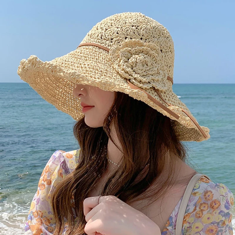 Strohhut für Damen, Sommer-Strand-Sonnenhut, geflochtener Strohhut, vielseitiger Sonnenhut mit breiter Krempe, faltbarer Strohhut für unterwegs, Leis 2026