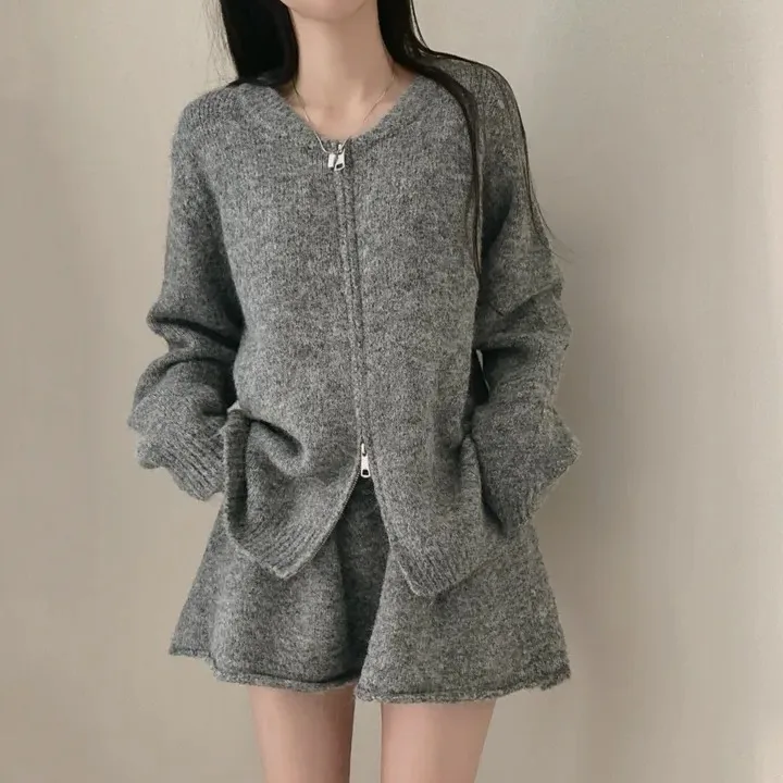 

Korean Chic Knitted Sweater Cardigan High Waist A-Line Skirt Two-Piece Set Women's Autumn Winter Faion Classy Zipper