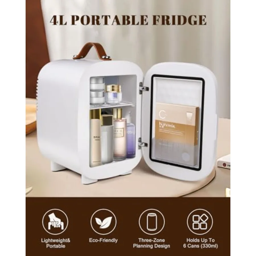 Mini Fridge for Bedroom 4 Liter/6 Cans Skincare Small Refrigerator AC/DC Portable Mini Cooler Warmer White Small Fridge for Car
