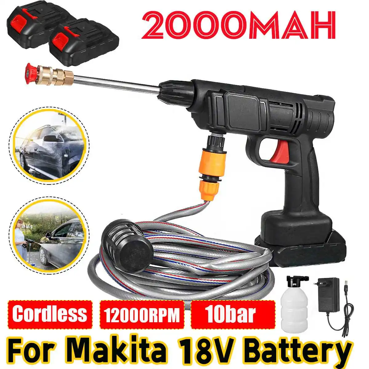 New 2000mAh Cordless High Pressure Washer Spray Water Gun Car Wash Pressure Water Nozzle Cleaning Machine for Makit 18V Battery