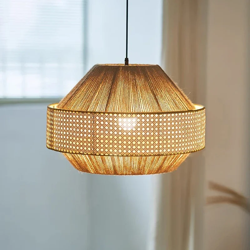 

Japanese Retro Wabi Sabi Rattan Chandelier Yellow Hemp Rope Pendant Light Living Room Bedroom Tea House Restaurant Hanging Lamps