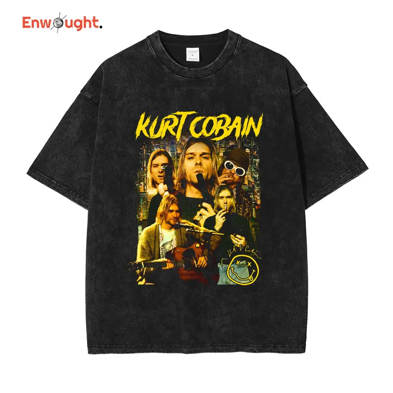 

Kurdt Kobain T Shirt Singer Kurt Donald Cobain Vintage Washed Tops Tees Oversized T-shirt Harajuku Short Sleeve Men 100% Cotton