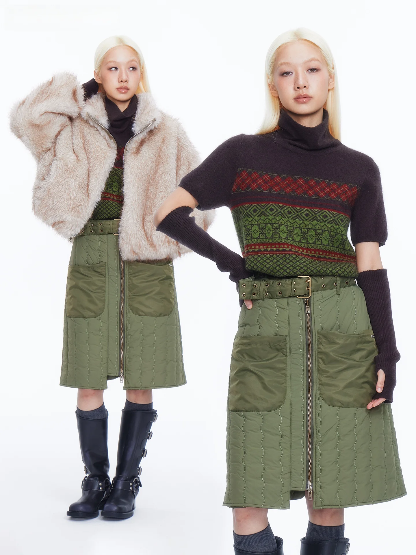 

HORAHORA Workwear Sle Military een Padded Nylon A-Line Skirt with Belt And Zipper Large ket High Waist Women's Skirt