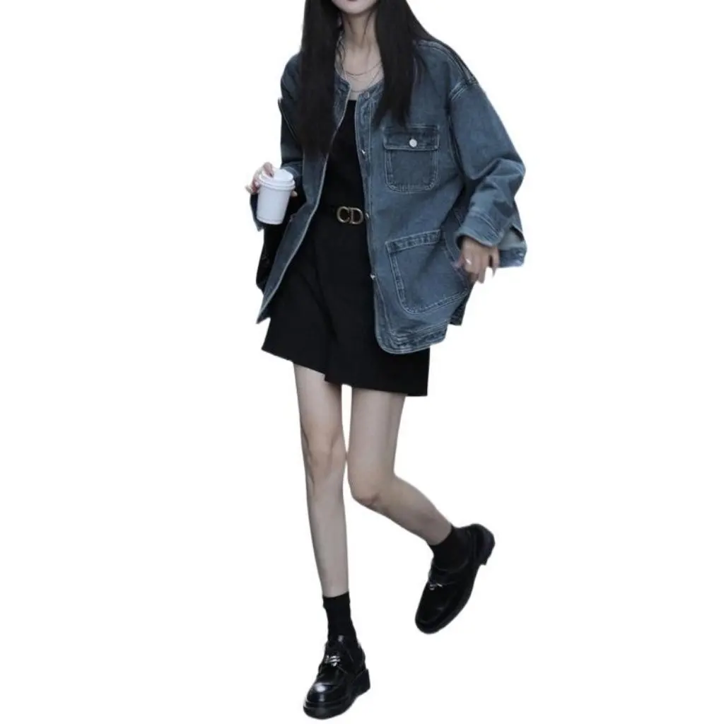 

Women's Tooling Denim Coat BF Style Crewneck Retro Hong Kong Style Loose Fit Long Sleeve Top for Spring