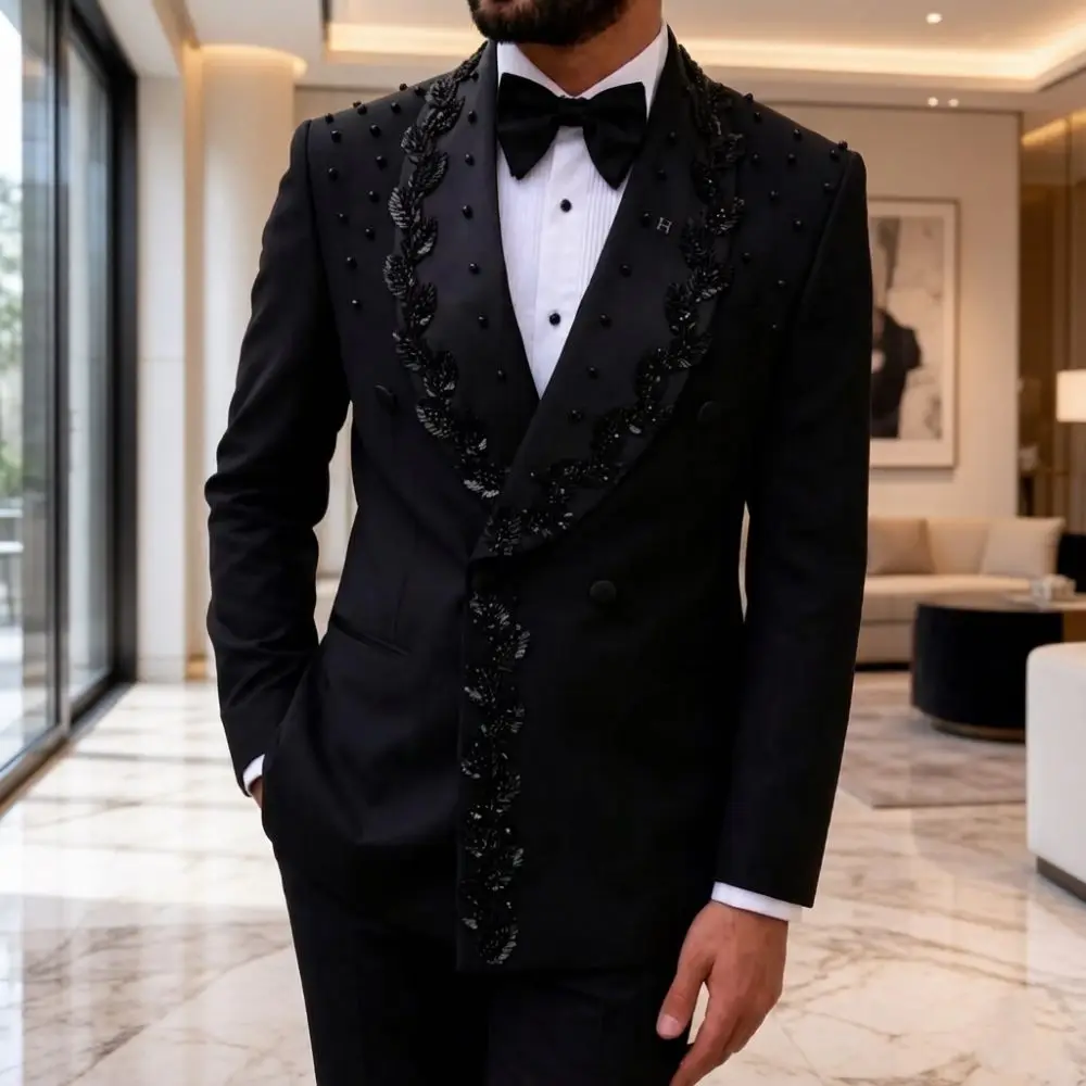 Luxury Suits for Men Vintage Slim Fit 2 Pieces Double Breasted Wedding Tuxedo Mix Match Beaded Shawl Collar Groom Prom Party