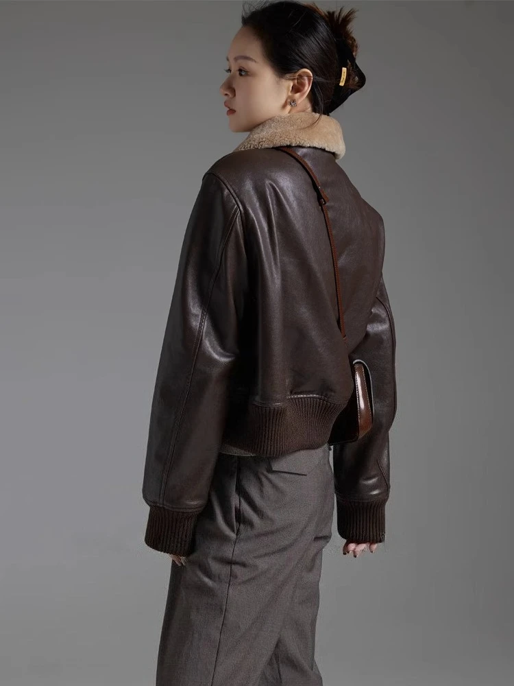 Vintage Kurze Echtes Leder Winter Motorrad Jacken für Frauen High-end Einfache Echt Lamm Pelz Kragen Schaffell Stepp Mantel