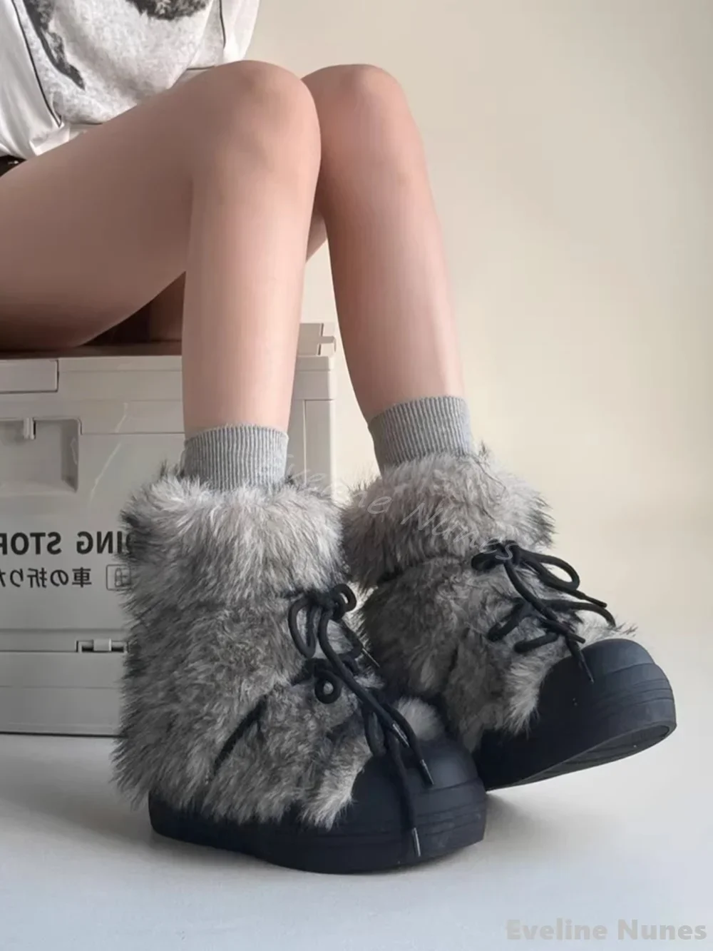 

Furry Cross Strap Big Toe Snow Boots Women Mixed Colors Platform Round Toe Mid Calf Boots 2026 Winter Warm Fashion Outdoor Boots