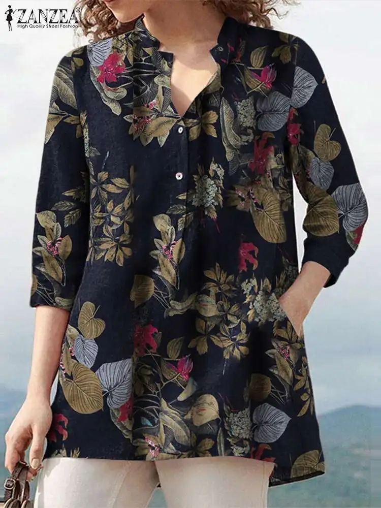 ZANZEA-Blusa Vintage de algodón con estampado Floral para mujer, camisa informal de manga 3/4 con cuello en V, estilo bohemio, talla grande, para