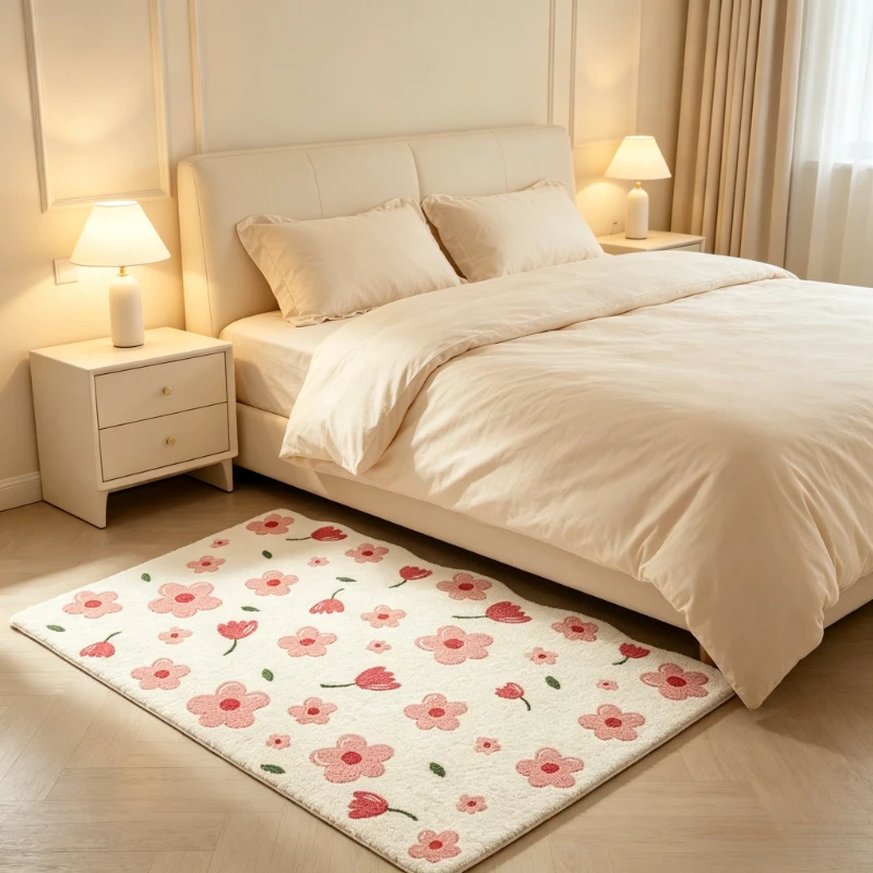 Flower Pattern Carpets for Living Room Fluffy Soft Study Floor Mat Cream Style Bedroom Decor Girl Carpet Thick Plush Bedside Rug