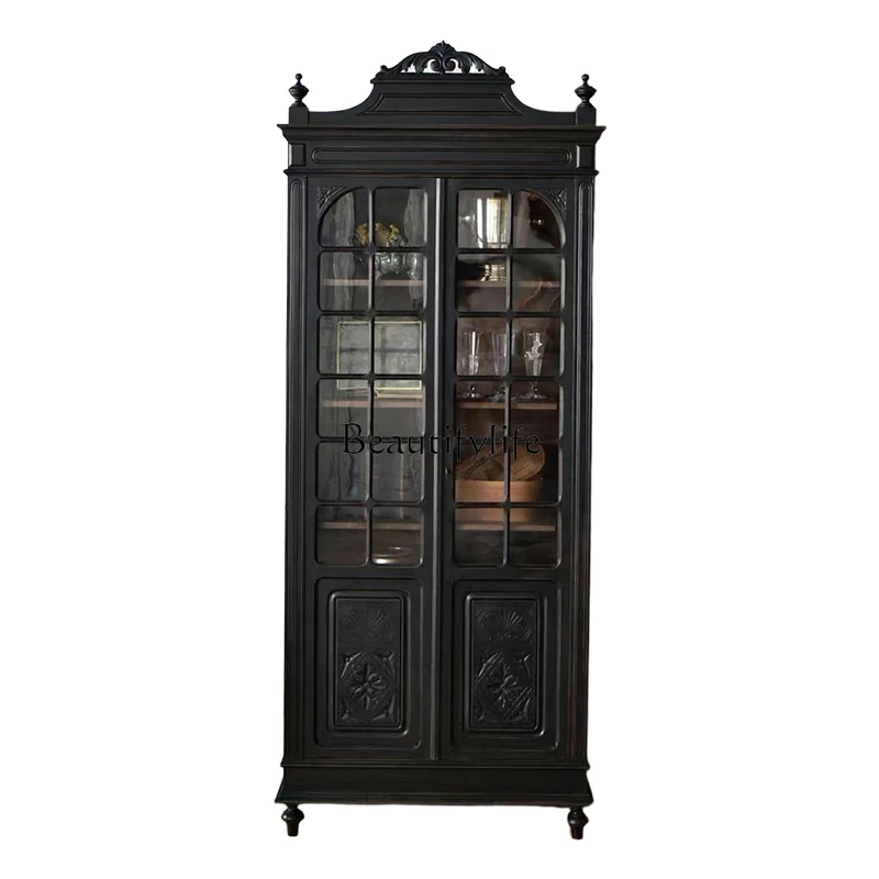

American retro solid wood wine cabinet French living room wall storage display cabinet