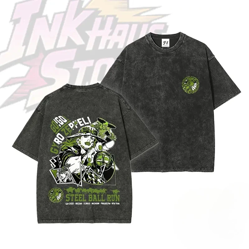 Gyro Zeppeli JoJo's Bizarre Adventure Clothing Men Women Short Sleeve T-shirts Vintage Washed T Shirt Casual Cotton Streetwear