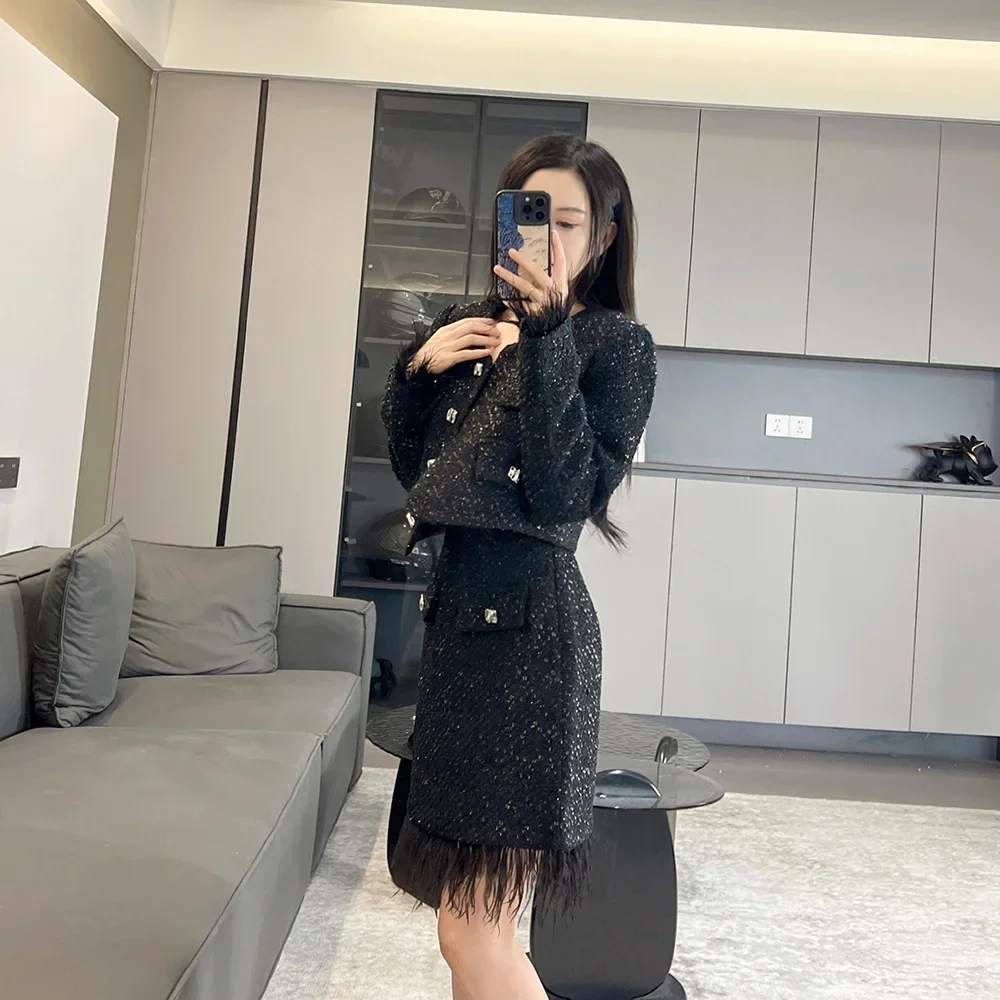 New in Matching Sets  2024 New Luxury Black Tweed Splicing Feather Short Tweed Jacket and Skirt Set 2 Piece Sets Women Outfit