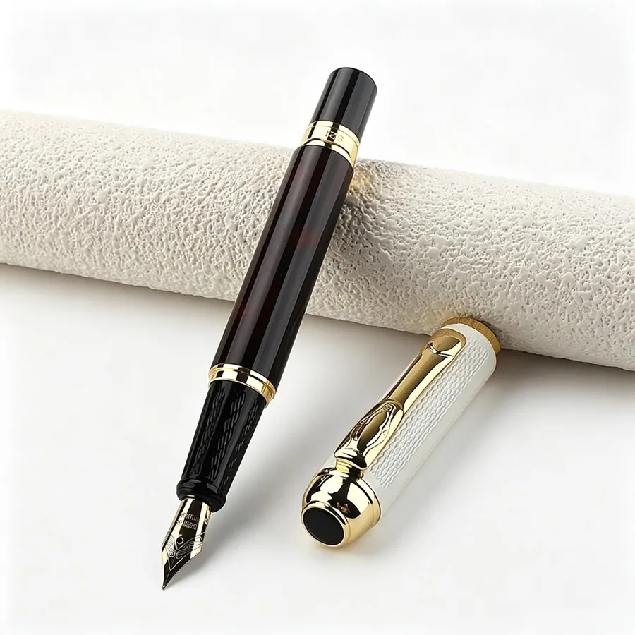 Elegant Iridium Nib Fountain Pen Black Brown Barrel White Cap Gold Trim Premium Writing Pen for Daily Use Office Business Gift