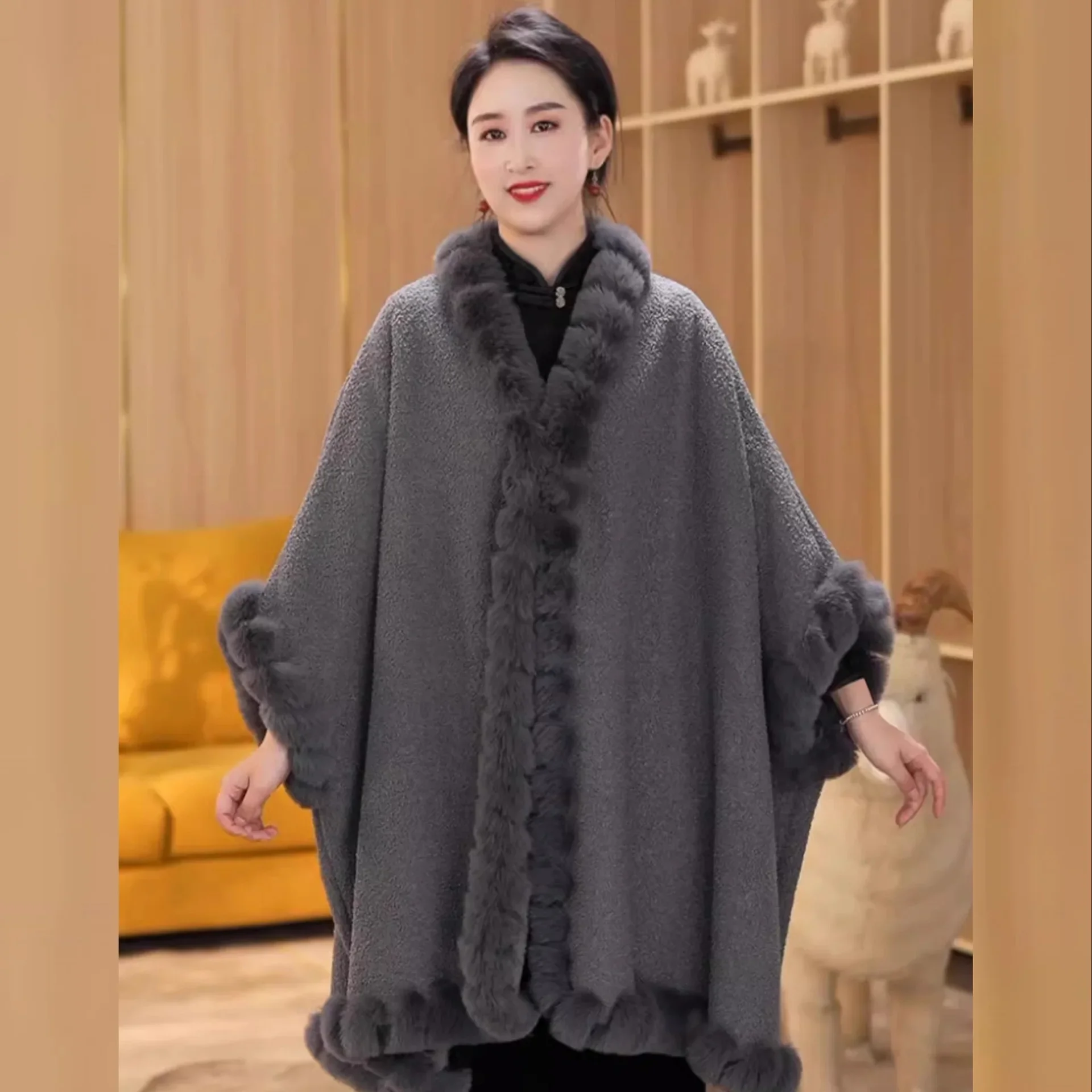 

Women Winter Thick Warm Granular Velvet Poncho Cape Hole Faux Fur Cardigan Cloak Loose Big Pendulum Batwing Sleeves Long Coat