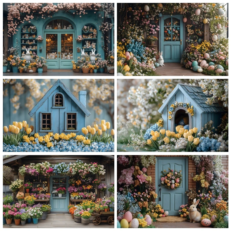 

Spring Flowers Backdrop Photography Happy Easter Bunny Eggs Flowers Shop Baby Portrait Photocall Banner Background Photo Props