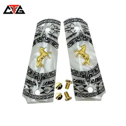 CTG 1911 Grips COLT Springfield Pearl Aztec Motif Gold Horse Medallion W/Screws
