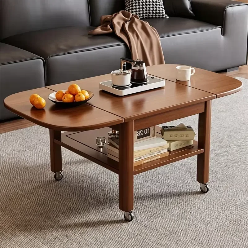 Foldable Extendable Wooden Coffee Table with Wheels, Multifunctional Mobile Table with Storage Shelf for Living Room