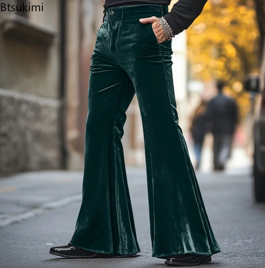 Men's Vintage Velvet Flared Pants Solid Soft Dress Pants Fashion Street Style Suit Pants Male Casual Daily Trousers with Pockets
