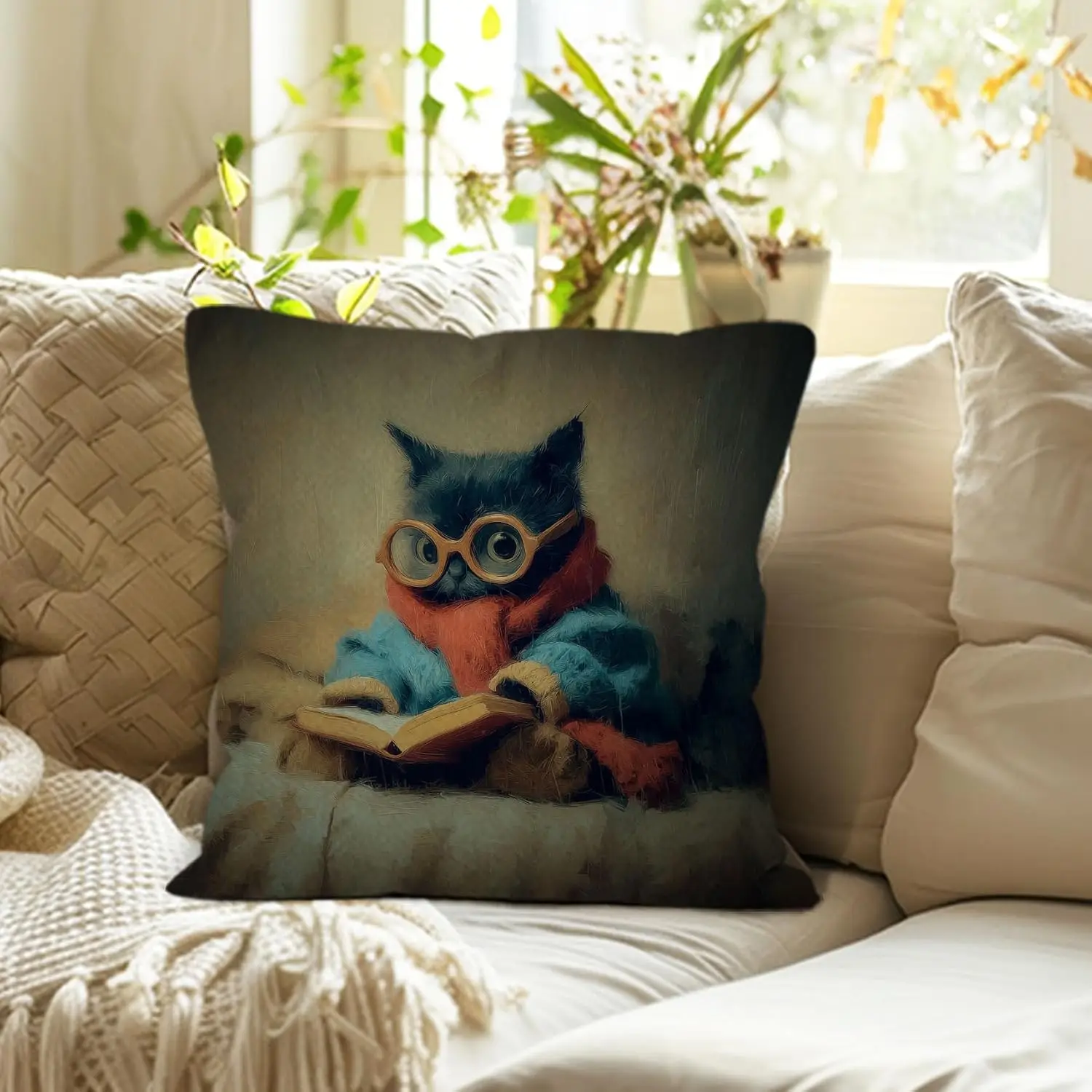 Cat Reading Book Art Pillowcase Throw Cushion Cover Pet Lover Whimsical Nursery Home Decor Gift Accent Pillow Case